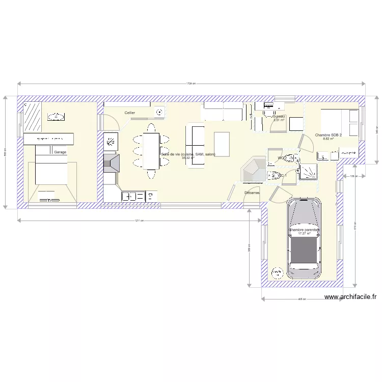 Projet 87 m2 1 CH bureau et garage. Plan de 