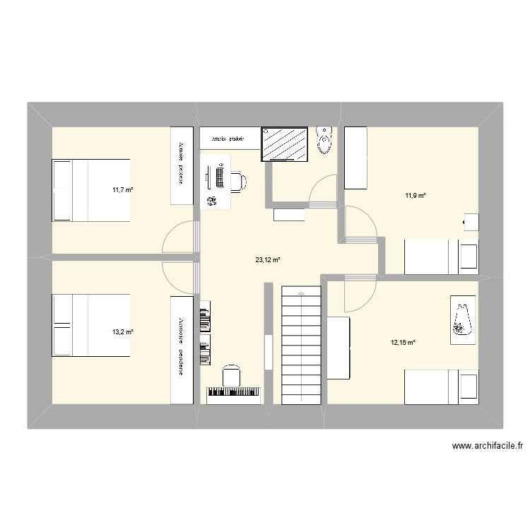 étage modifié. Plan de 5 pièces et 72 m2