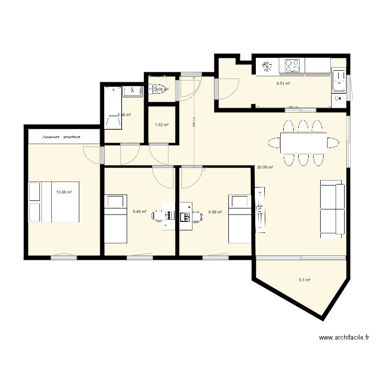 Parly 2 Type 1  3 Chambres modifié. Plan de 0 pièce et 0 m2