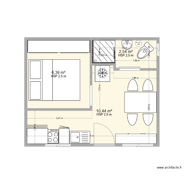 RDC 2. Plan de 3 pièces et 19 m2