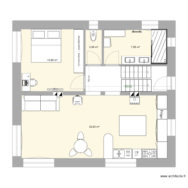 Réz de chaussée. Plan de 4 pièces et 57 m2