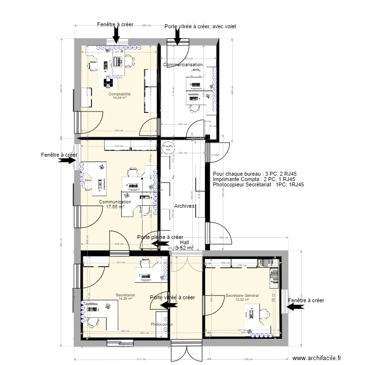 Bureaux Secrétariat USM 1. Plan de 4 pièces et 77 m2