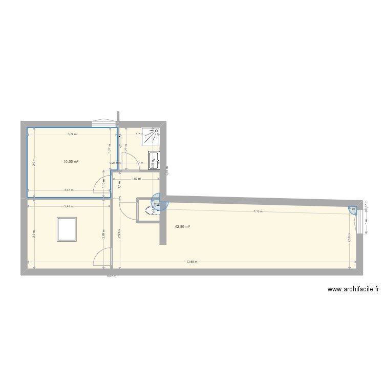 calmont etage modifié. Plan de 2 pièces et 53 m2