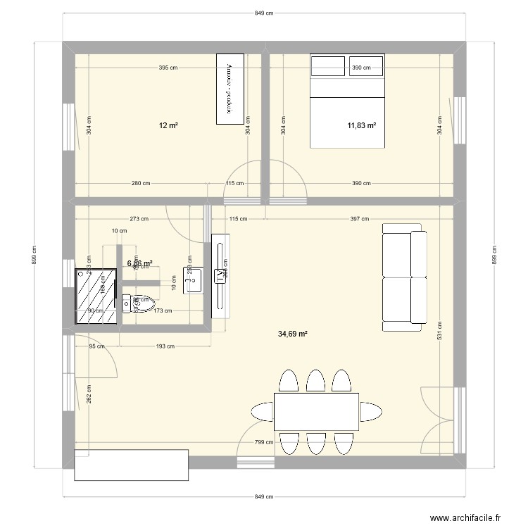 Appartement 2 Ch 8.5 m 9 m. Plan de 4 pièces et 65 m2