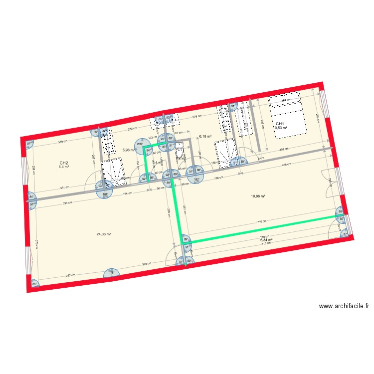 separation en 2 appart cloison verte pas les bonne dimensions. Plan de 9 pièces et 85 m2