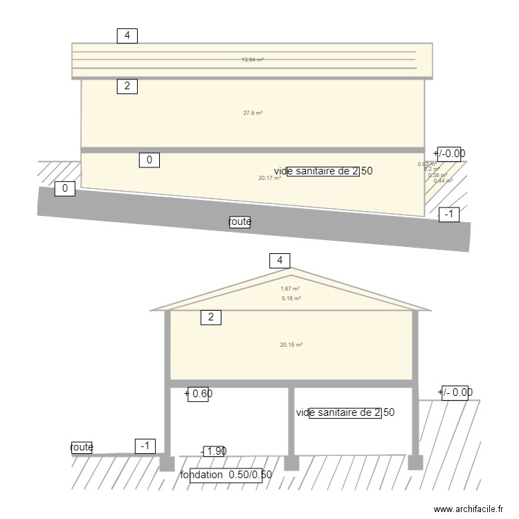  Plan en coupe du terrain et de la construction . Plan de 0 pièce et 0 m2