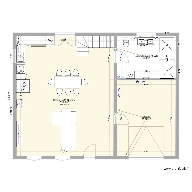 rez de chaussée. Plan de 3 pièces et 86 m2