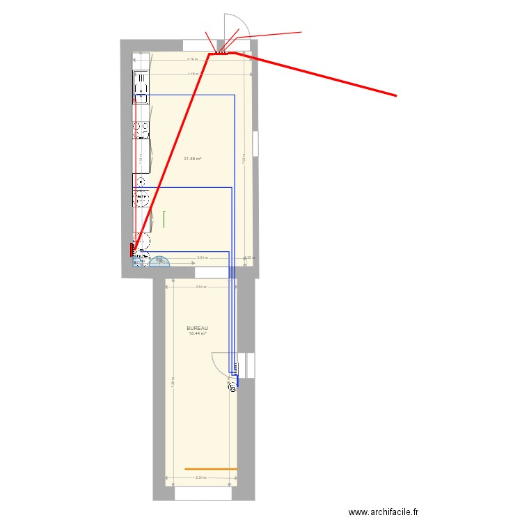 Buanderie alimentation en eau . Plan de 2 pièces et 50 m2