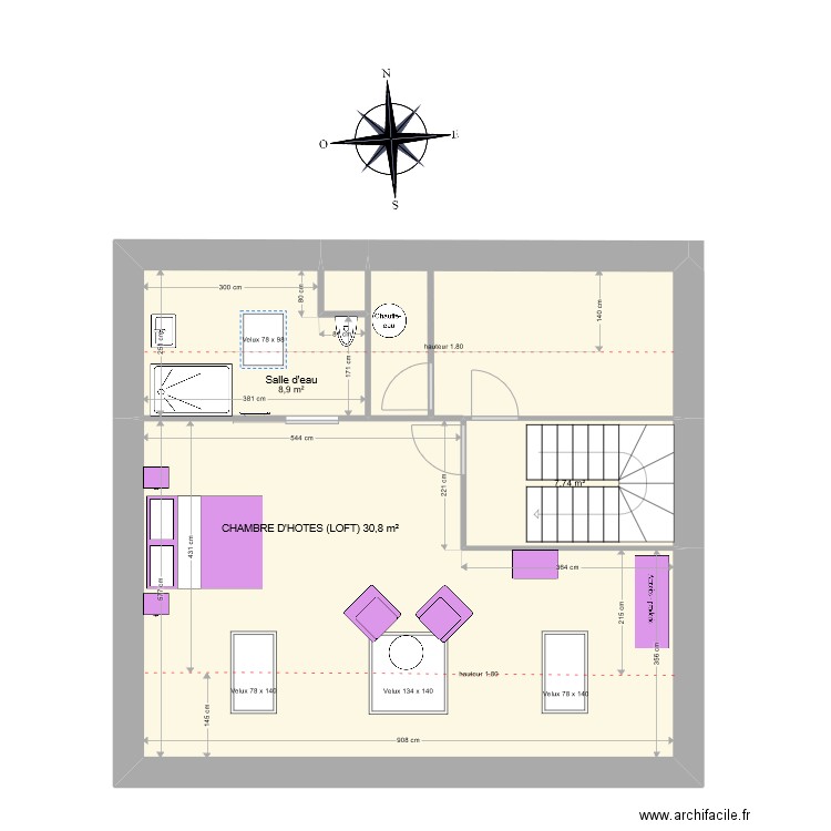 Combles - projet - 04/04/22 mofif salle d'eau et vélux 29/06/22. Plan de 5 pièces et 74 m2