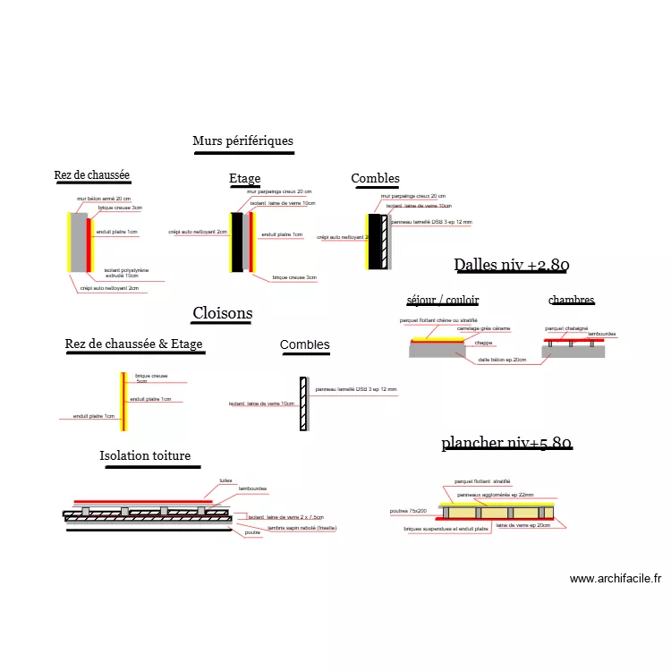D&eacute;tails  murs  cloisons  toiture. Plan de 