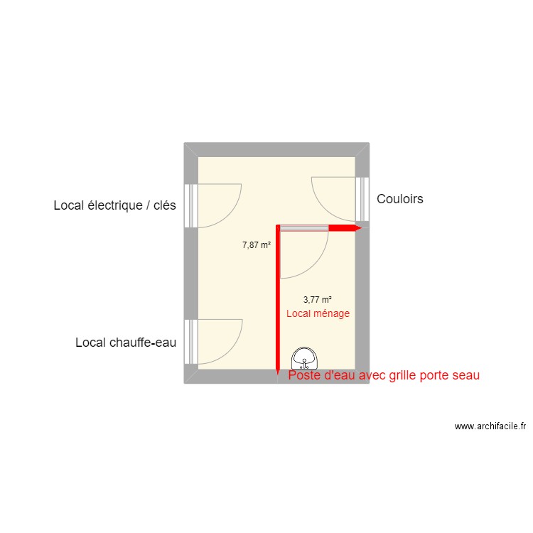 Salle polyvalente local ménage RDC 2. Plan de 2 pièces et 12 m2