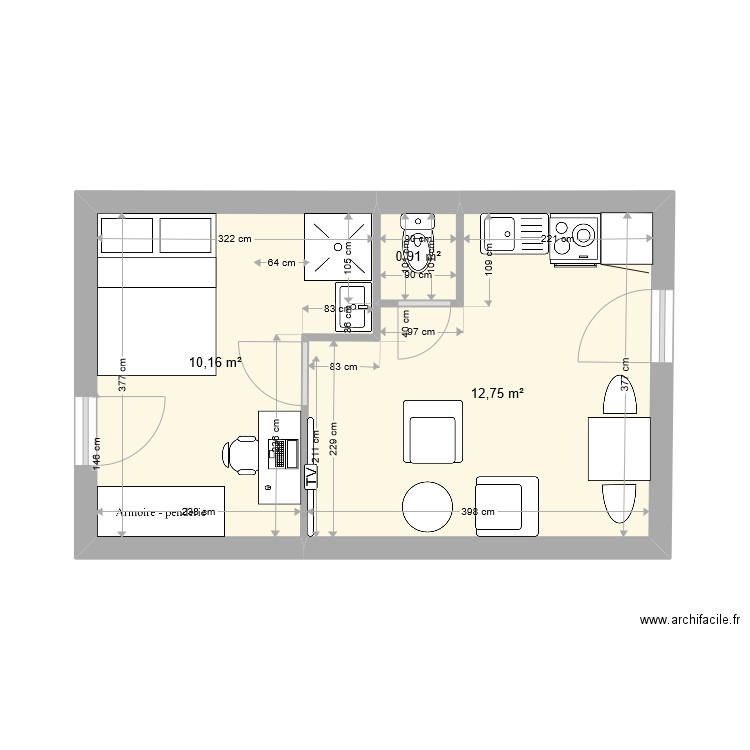 Granparigny - studio Projet 2. Plan de 3 pièces et 24 m2