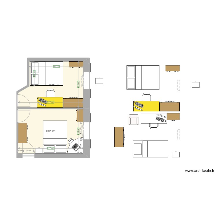 Chambre H & R. Plan de 2 pièces et 19 m2