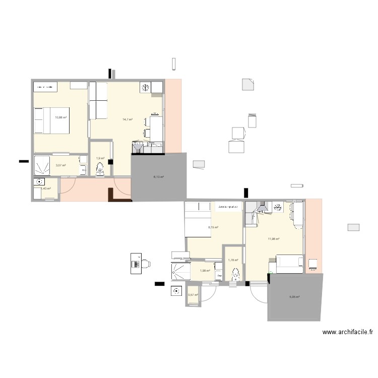 studio en F2 2. Plan de 12 pièces et 68 m2