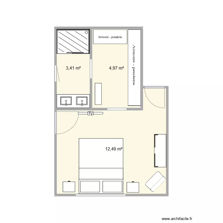 suite1. Plan de 3  et 21 m²