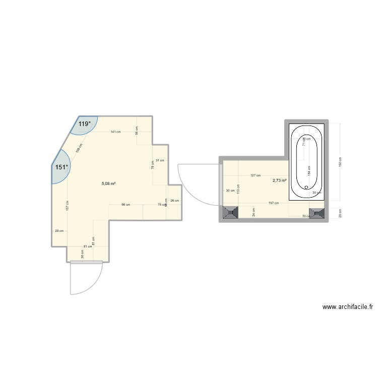 Chambre Petite V0. Plan de 2 pièces et 8 m2