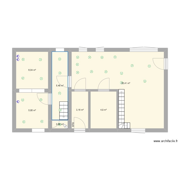 Rez de chaussée Elec1. Plan de 7 pièces et 53 m2