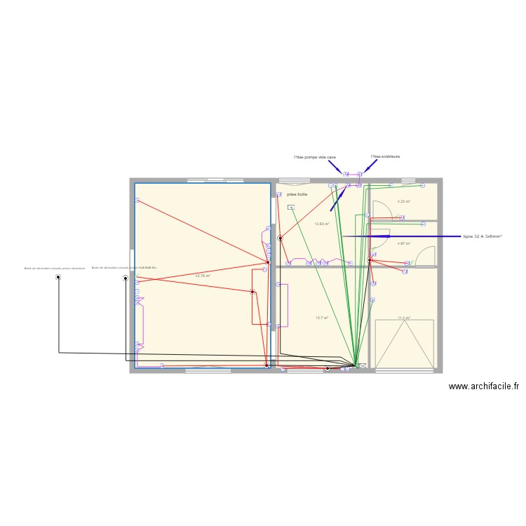 circuits prises  Séjour Cuisine bureau buanderie Cellier chaufferie. Plan de 0 pièce et 0 m2