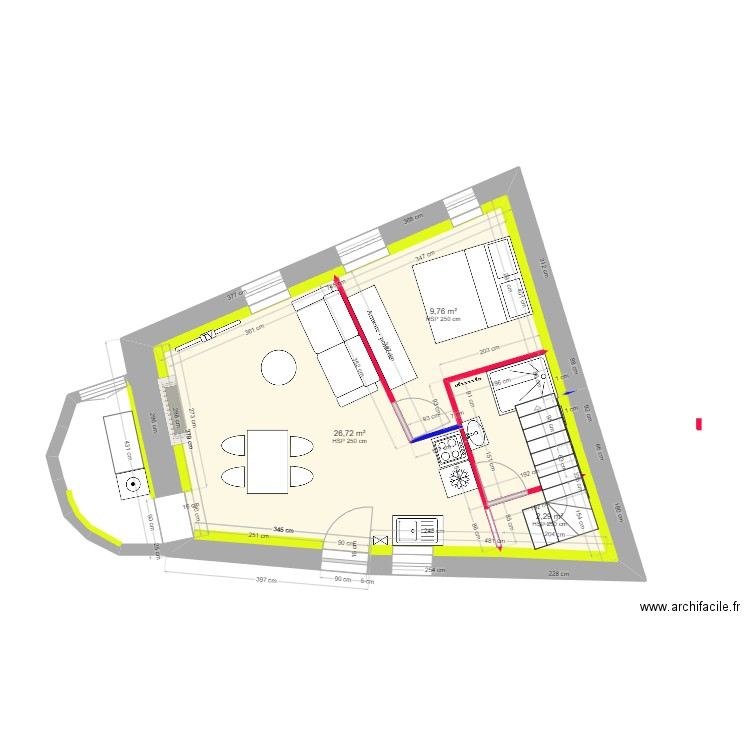 Razvan et Claire 2ème option. Plan de 3 pièces et 39 m2