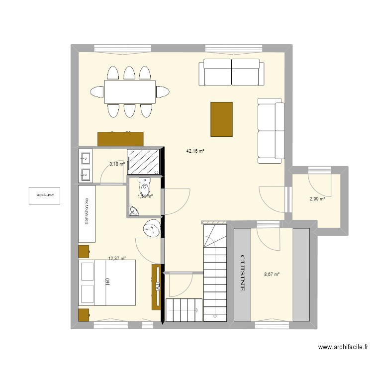 RDC 1. Plan de 6 pièces et 71 m2