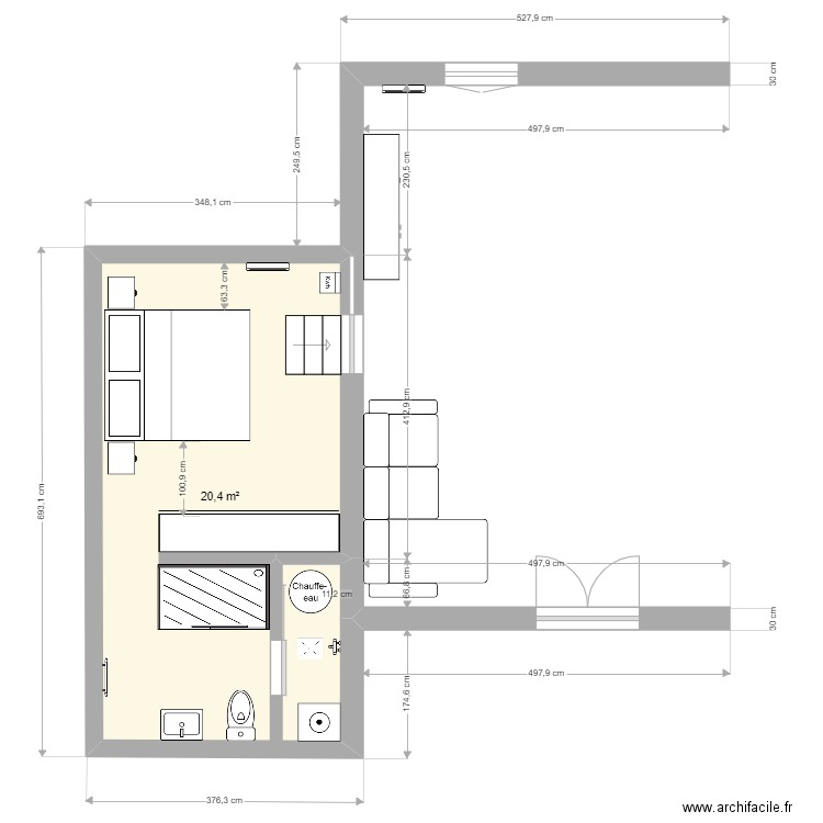 Chambre Thoronet v1. Plan de 1 pièce et 20 m2