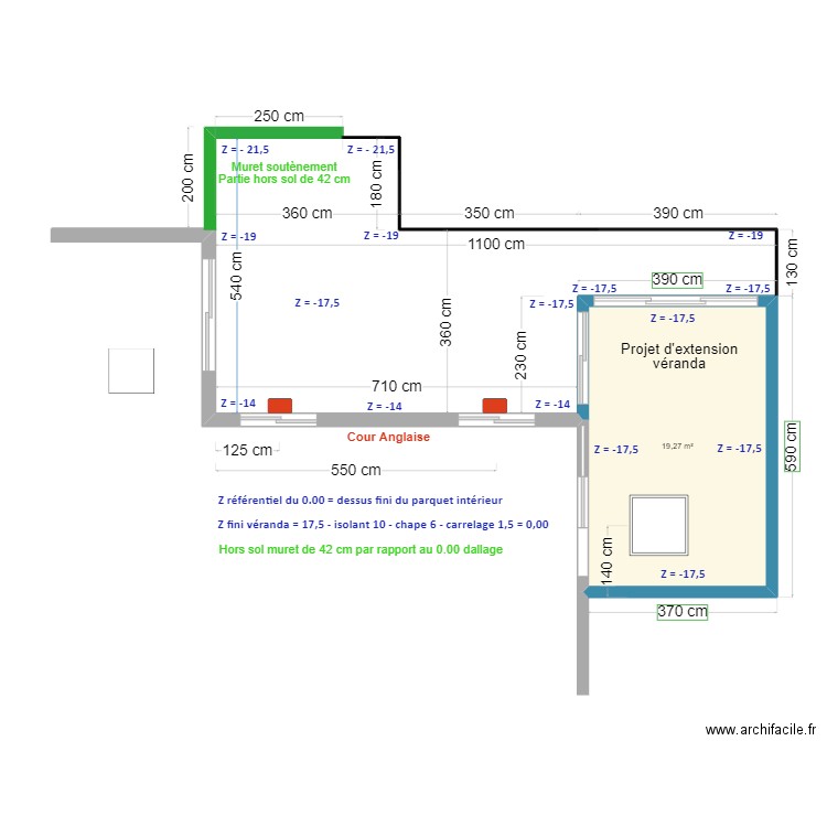 Terrasse et véranda. Plan de 1 pièce et 19 m2