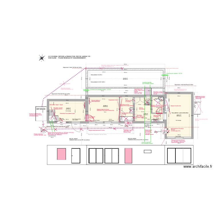 2,01-SCHEMA DEPOSE et DEMOLITIONS  REZ DE JARDIN. Plan de 5 pièces et 94 m2