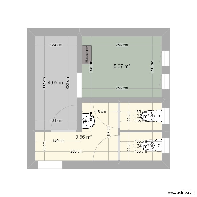 WC sous sol. Plan de 5 pièces et 15 m2