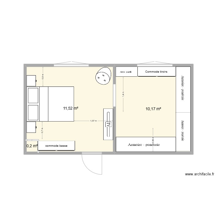 plan chambre  dressing. Plan de 3 pièces et 22 m2