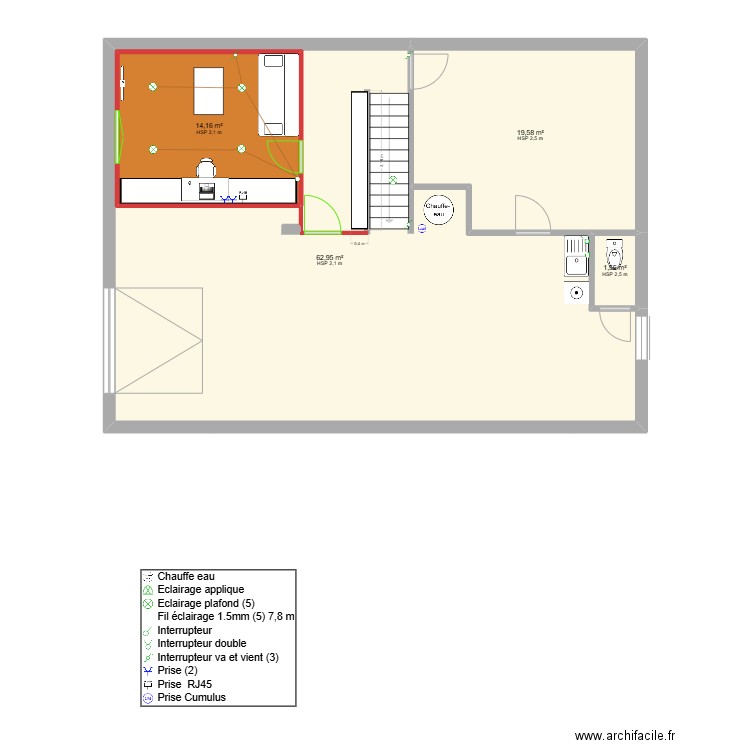 Soussol. Plan de 4 pièces et 114 m2