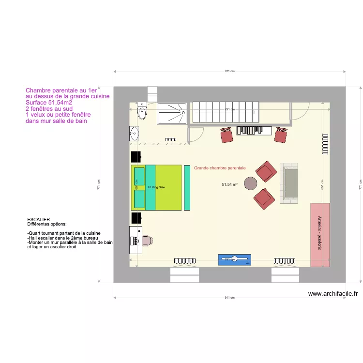 Grande chambre au dessus de la cuisine. Plan de 