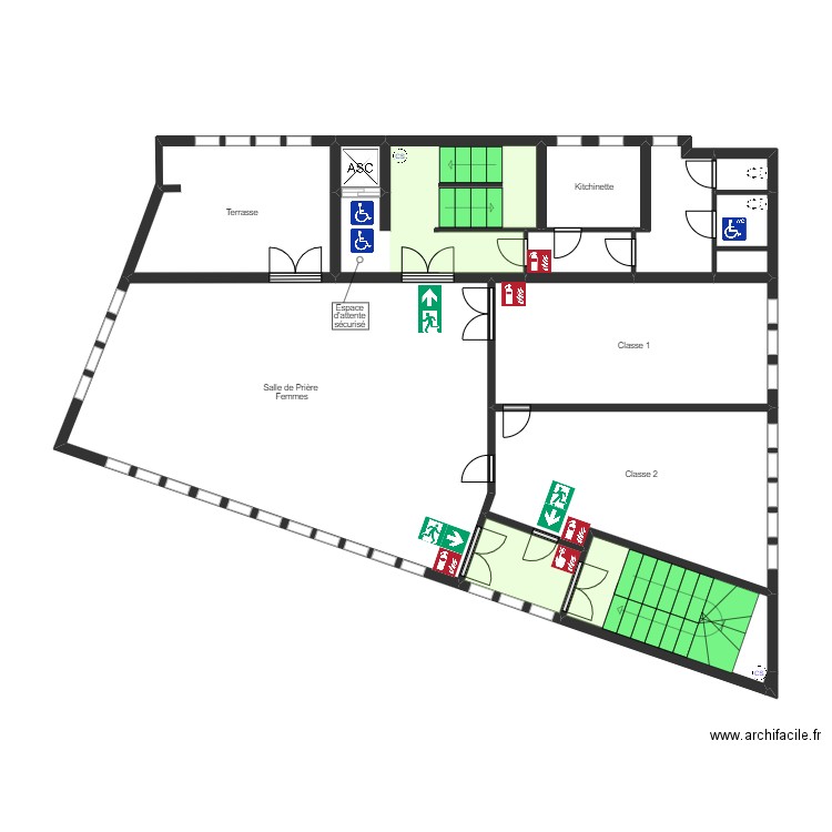 Mosquée 2eme étage Escalier. Plan de 14 pièces et 73 m2