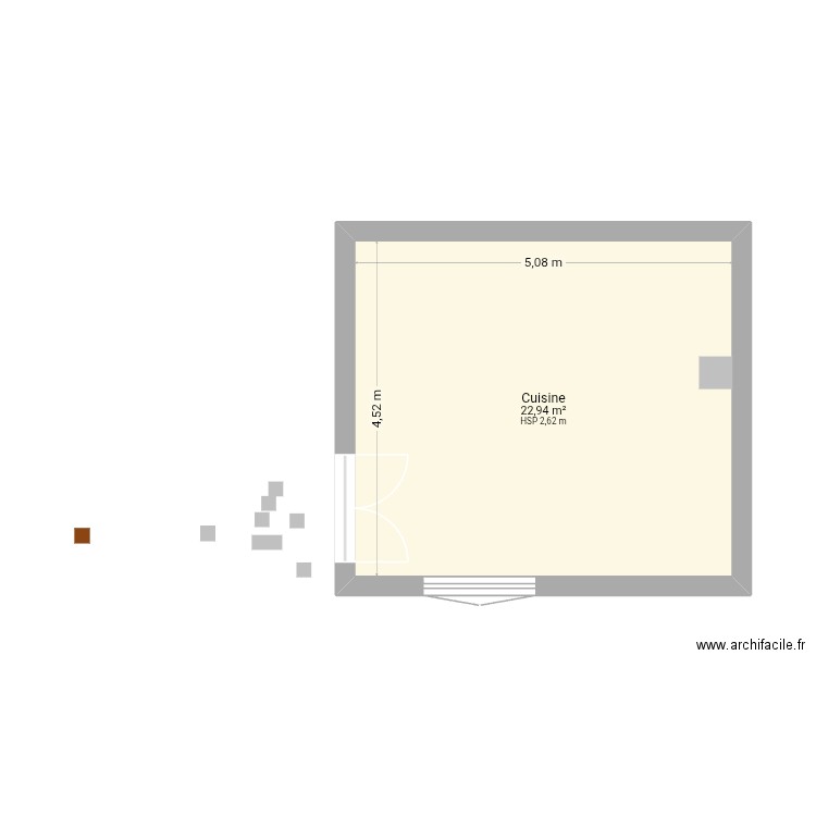 Cuisine mue. Plan de 1 pièce et 23 m2
