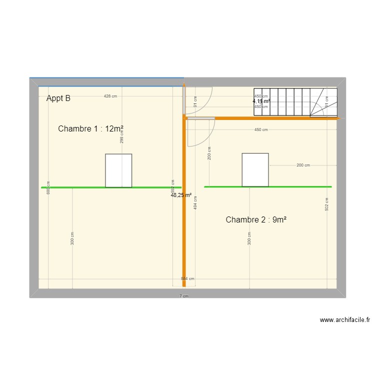 plan B poutres avec cloisons. Plan de 2 pièces et 52 m2