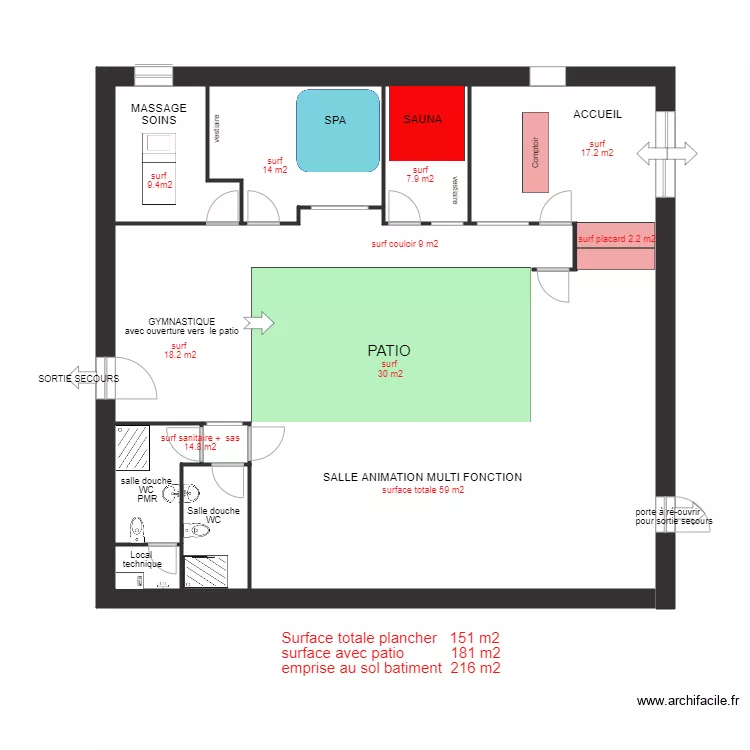 ESPACE BIEN ETRE sur implantation actuelle. Plan de 