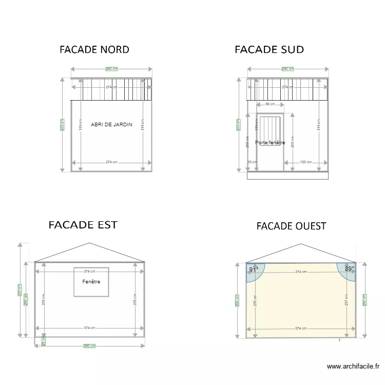 Fa&ccedil;ades abri de jardin. Plan de 