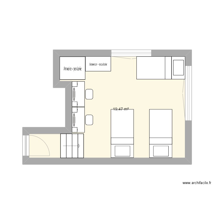 chambre garcon. Plan de 1 pièce et 19 m2