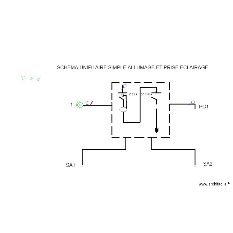 SCHEMA UNIFILAIRE SIMPLE ALLUMAGEET PRISE ECLAIRAGE. Plan de 0 pièce et 0 m2