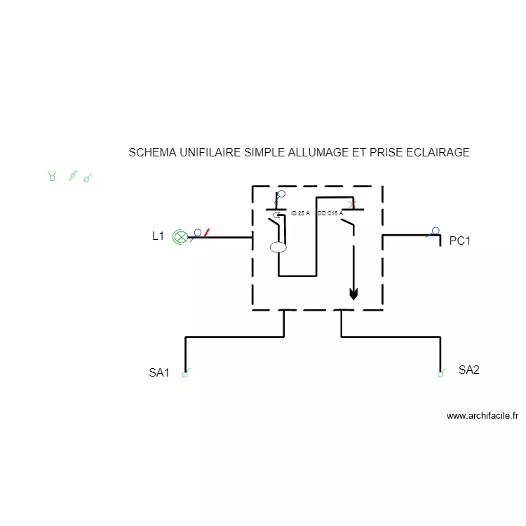 SCHEMA UNIFILAIRE SIMPLE ALLUMAGEET PRISE ECLAIRAGE. Plan de 