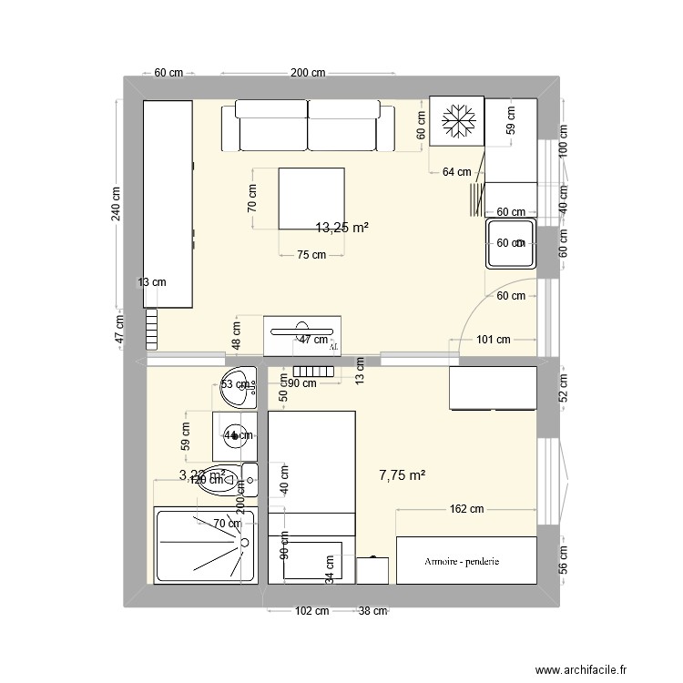 maman. Plan de 3 pièces et 24 m2