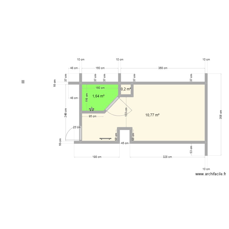 SDB 2. Plan de 3 pièces et 13 m2