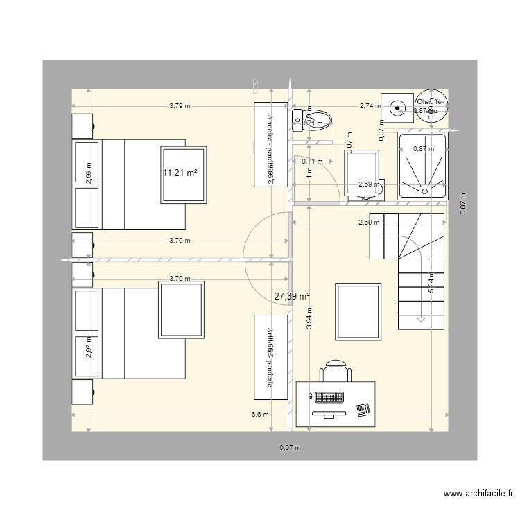 LEFEVER ETAGE. Plan de 2 pièces et 39 m2