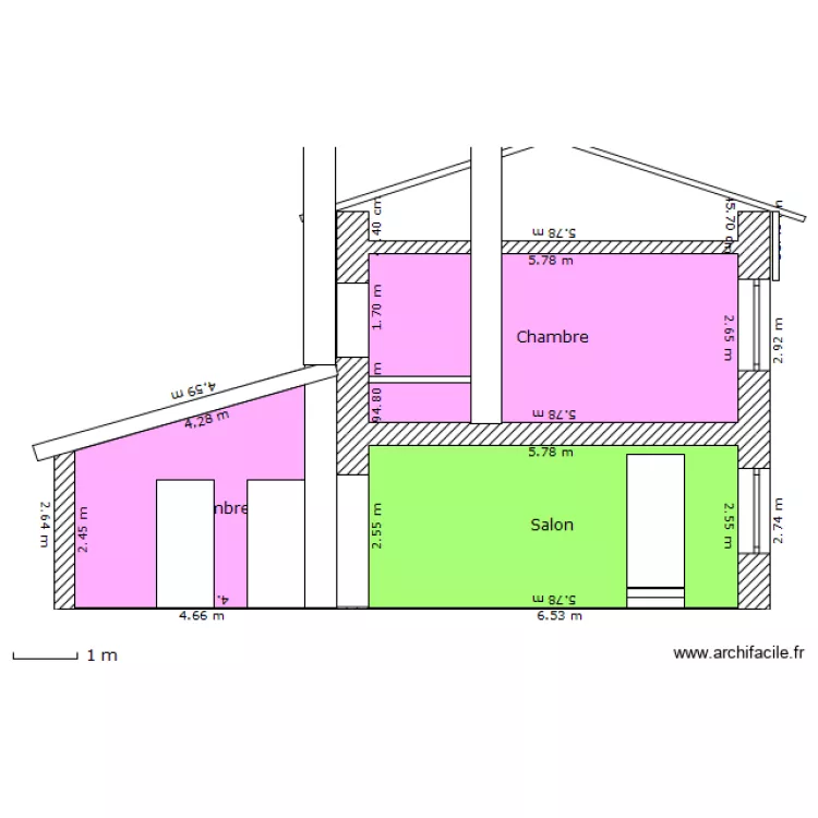 Coupe chambre - salon. Plan de 