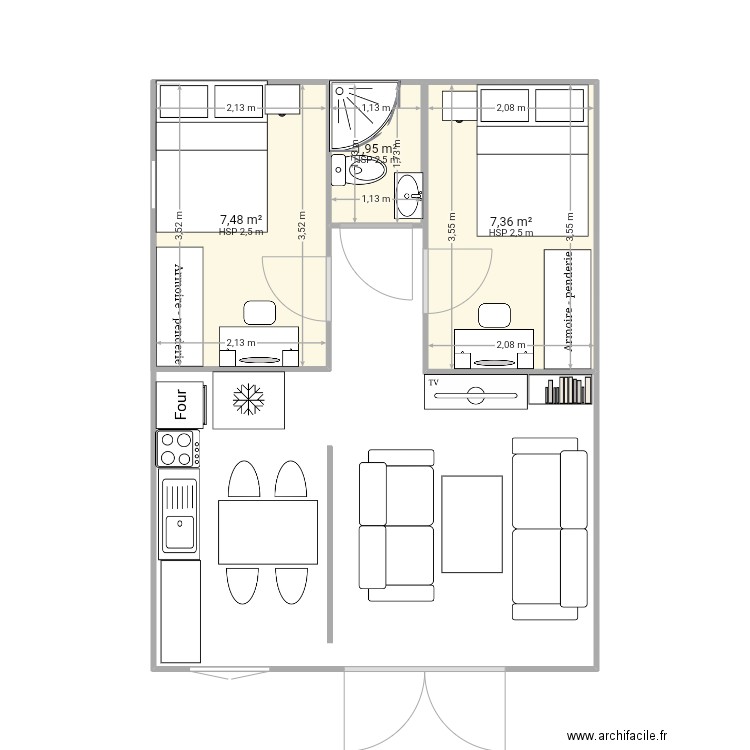 T3 basique. Plan de 3 pièces et 17 m2