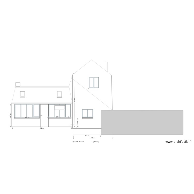 facade avant cote jardin . Plan de 1 pièce et 12 m2