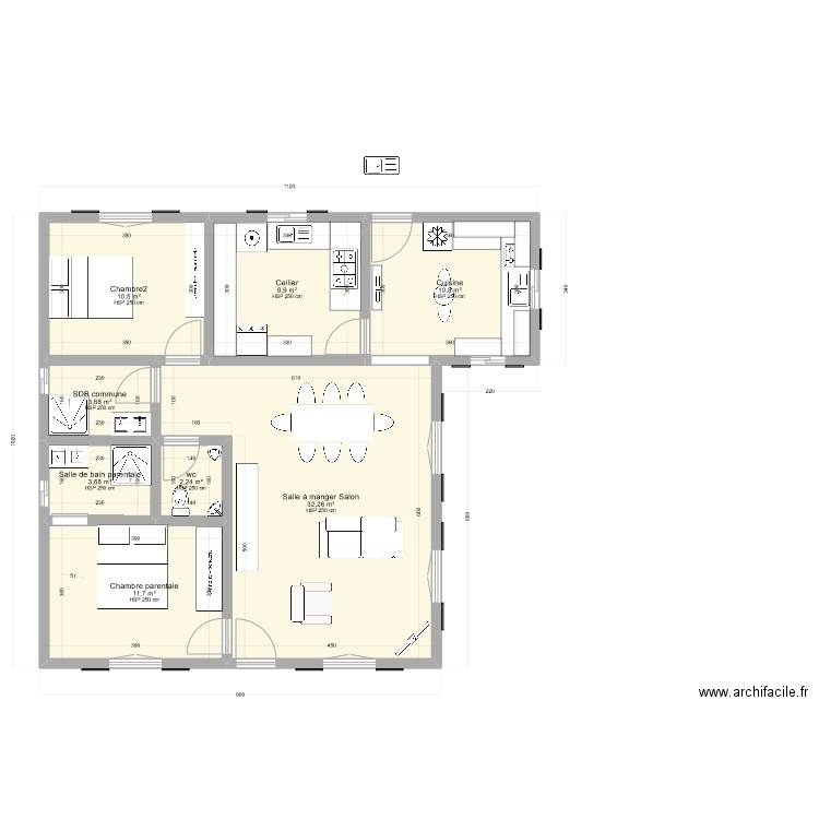 1 mai 2023. Plan de 8 pièces et 85 m2