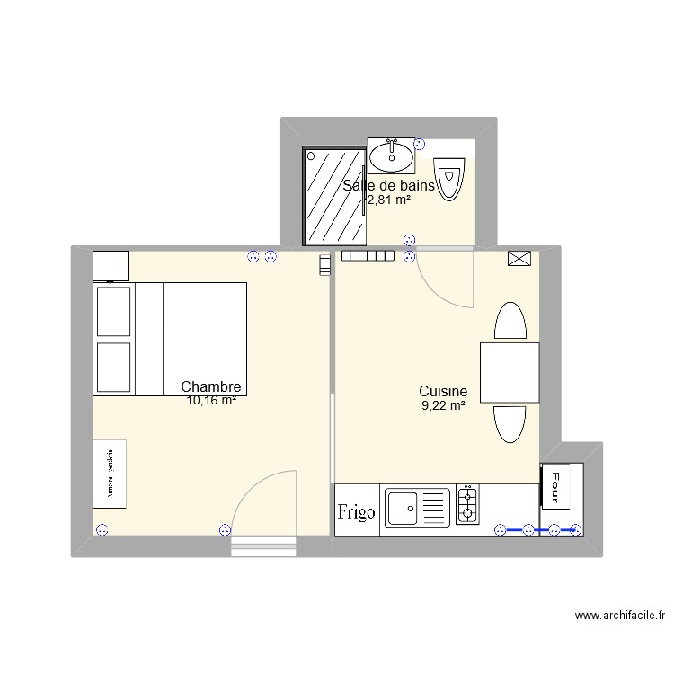 Patit studio. Plan de 3 pièces et 22 m2