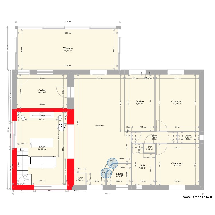 Maison transformations escalier gauche meublé. Plan de 13 pièces et 125 m2