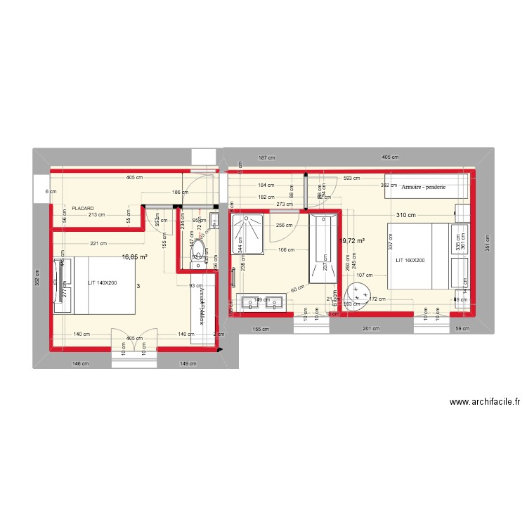 PLAN avec volume (clim) R+1 CENTRE ET EST avec aménagement. Plan de 2 pièces et 36 m2