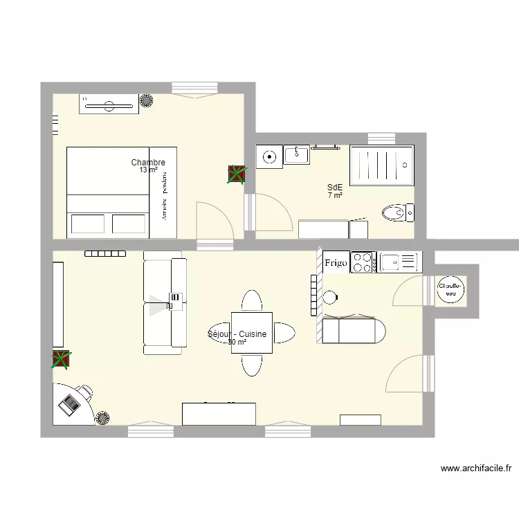 Appartement T2 50m2. Plan de 